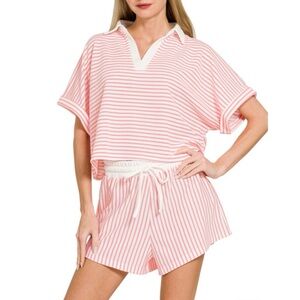 1183 • Candy Pink & White Striped Shorts & Collared Top Set